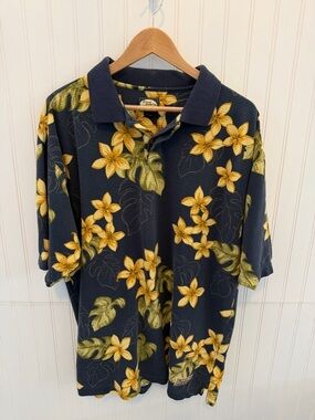 Navy Floral Polo Shirt with Yellow Plumeria - Classic Casual 100% Cotton Size XL